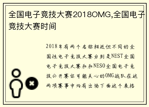 全国电子竞技大赛2018OMG,全国电子竞技大赛时间